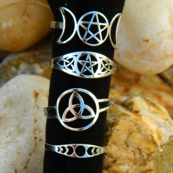 SALE Wicca Moon Phases Triquetra Pentacle Triple Moon Rings Your Choice and Your Size