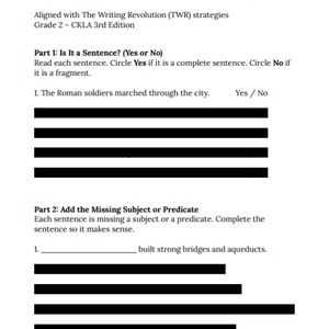 May include: Black and white worksheet with the text "Subject & Predicate Activity - Ancient Rome (CKLA Knowledge Domain 4)" at the top. The worksheet includes a section titled "Is It a Sentence? (Yes or No)" and another section titled "Add the Missing Subject or Predicate".