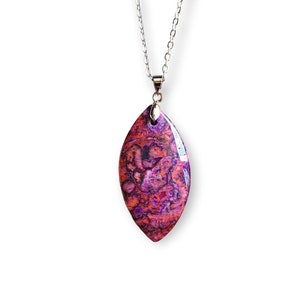 Pink and Purple Choi Finches Olive Shape Pendant with Silver plated Chain Natural, Pendant, Unique Style, Boho, Esoteric, Fun, Jewelry