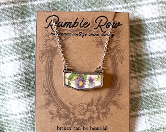 Vintage Floral China Pendant Necklace – Handmade Porcelain Shard Statement Jewelry