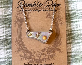 Handmade Floral Porcelain Pendant Necklace – Vintage China Shard Statement Piece