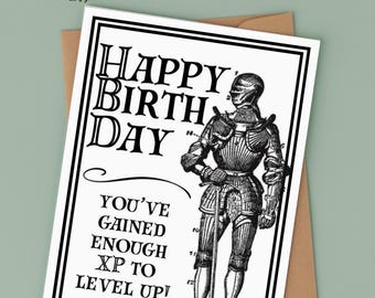 Tarjeta de cumpleaños de videojuegos: Caballero de D&D vintage (PDF imprimible)