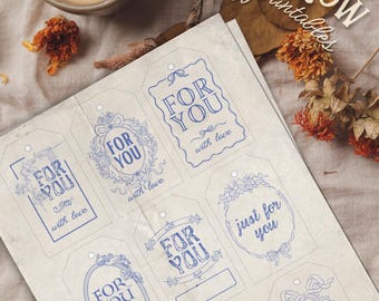 Etiquetas de regalo vintage azules y blancas, descarga digital, etiquetas de regalo imprimibles, papelería