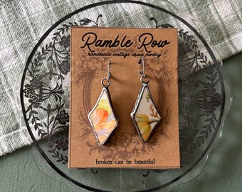 Handmade Floral Porcelain Dangle Earrings – Vintage China Statement Jewelry