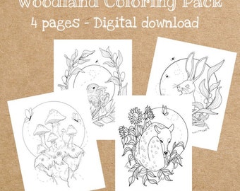 Paquete de páginas para colorear imprimibles de Woodland Wonder (descarga digital)
