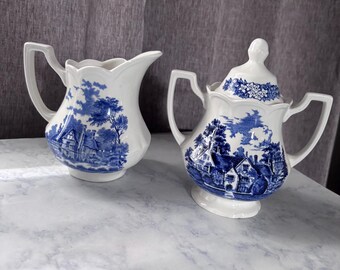 Juego de azucarero y crema Blue Transferware: porcelana vintage estilo Cottagecore