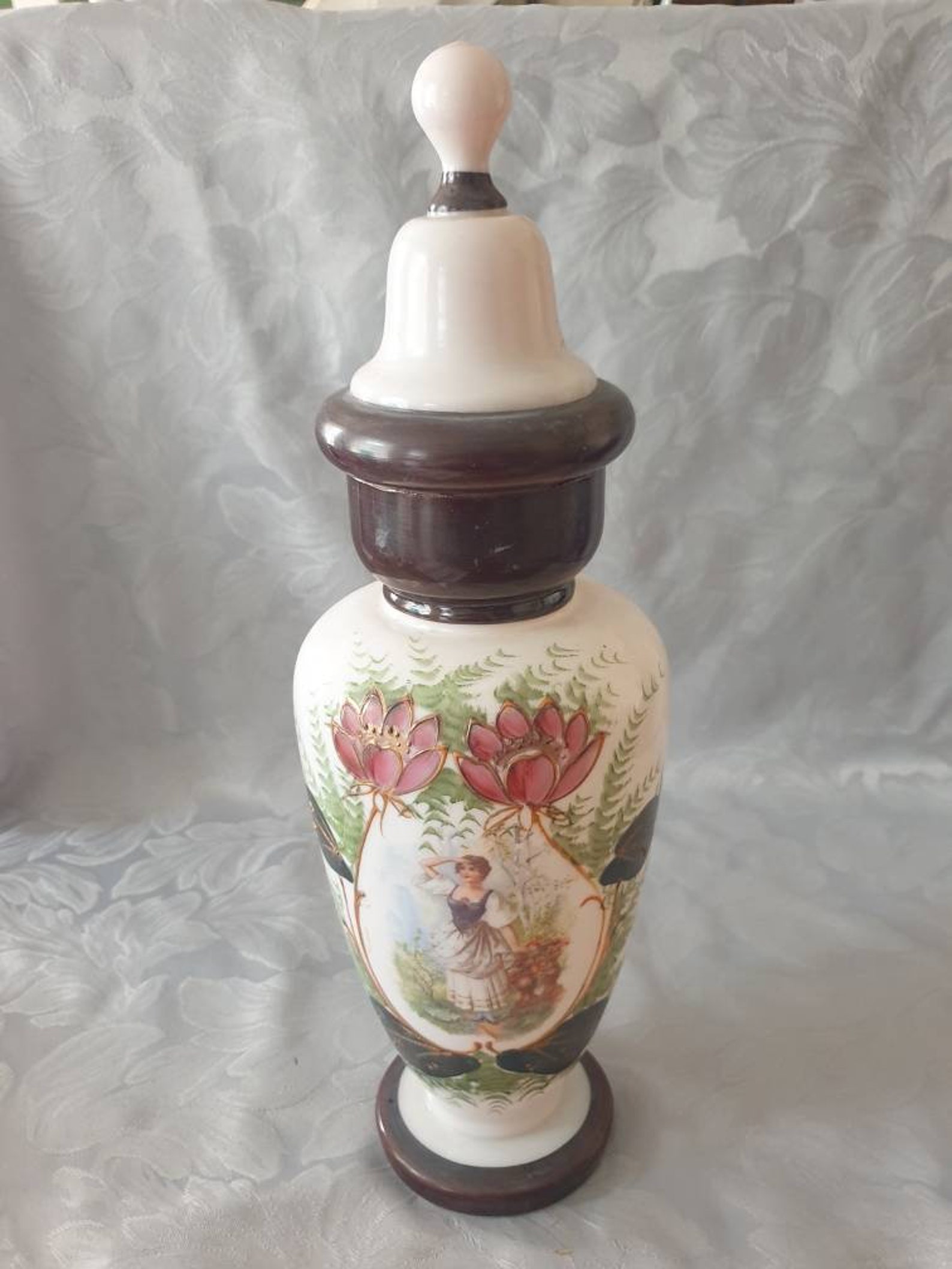 Victorian Milk Glass Urn Hand Painted Milk Glass Urn Home Etsy