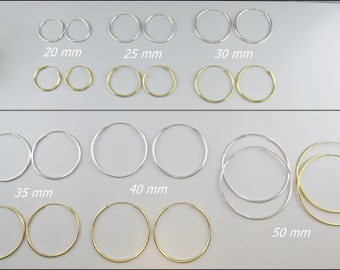 925 silver, simple hoop earrings 1.5 mm thick, 20 mm, 25 mm, 30 mm, 35 mm, 40 mm and 50 mm diameter