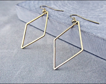 Large diamond earrings made of brass with a narrow edge, geo style, bronze colored