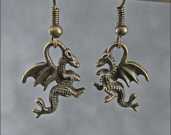 Cute dragons on the ear - Small bronze earrings with a dragon pendant