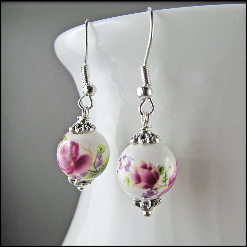 Genuine porcelain earrings hand-painted with pink or blue flowers image 6