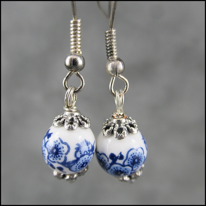 Genuine porcelain earrings hand-painted with pink or blue flowers image 1