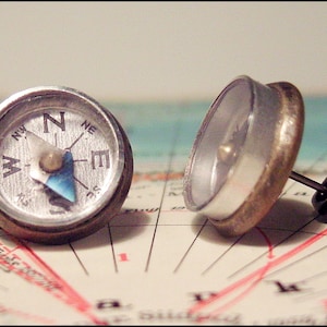 North-north-east ear studs bronze with real compasses