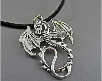 Lucky Dragon - Beautiful necklace Silver dragon pendant on leather cord