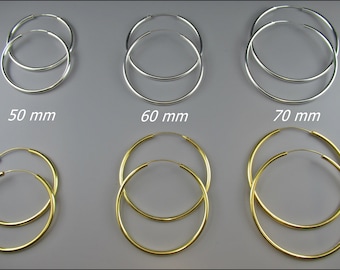 Pendientes de aro sencillos de plata 925 de 3 mm de grosor, 50 mm, 60 mm y 70 mm de diámetro