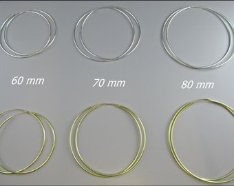 925 silver, large hoop earrings 1.5 mm thick, 60 mm, 70 mm or 80 mm diameter