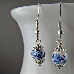 Genuine porcelain earrings hand-painted with pink or blue flowers image 4