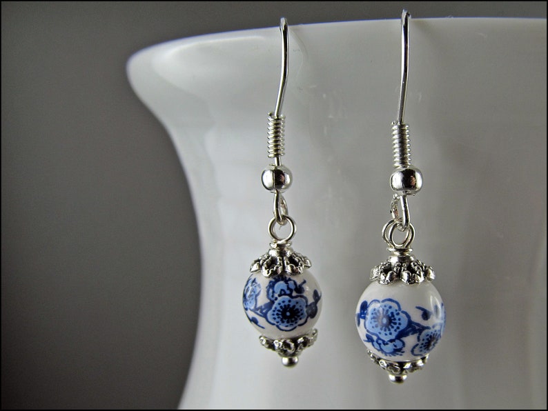 Genuine porcelain earrings hand-painted with pink or blue flowers image 4