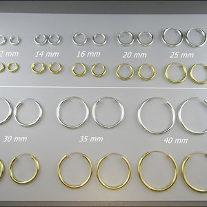 925 silver, simple hoop earrings 3 mm thick, 12 mm, 14 mm, 16 mm, 20 mm, 25 mm, 30 mm, 35 mm and 40 mm diameter