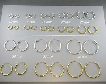 Boucles d'oreilles créoles simples en argent 925, épaisseur 3 mm, diamètre 12 mm, 14 mm, 16 mm, 20 mm, 25 mm, 30 mm, 35 mm et 40 mm