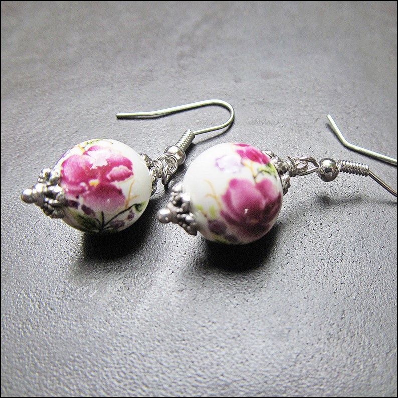 Genuine porcelain earrings hand-painted with pink or blue flowers image 9