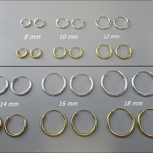 925 silver, simple hoop earrings 1.5 mm thick, 8 mm, 10 mm, 12 mm, 14 mm, 16 mm and 18 mm diameter image 1