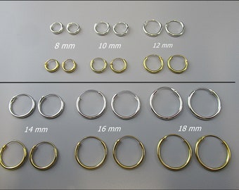 925 sterling silver, simple hoop earrings, 1.5 mm thick, 8 mm, 10 mm, 12 mm, 14 mm, 16 mm and 18 mm diameter