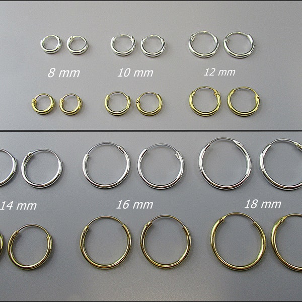 925 silver, simple hoop earrings 1.5 mm thick, 8 mm, 10 mm, 12 mm, 14 mm, 16 mm and 18 mm diameter