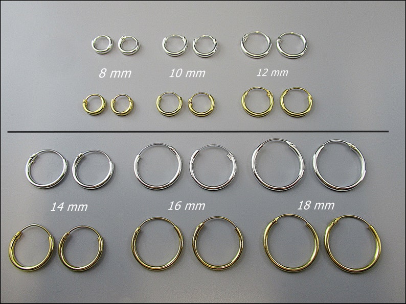 925 silver, simple hoop earrings 1.5 mm thick, 8 mm, 10 mm, 12 mm, 14 mm, 16 mm and 18 mm diameter image 1