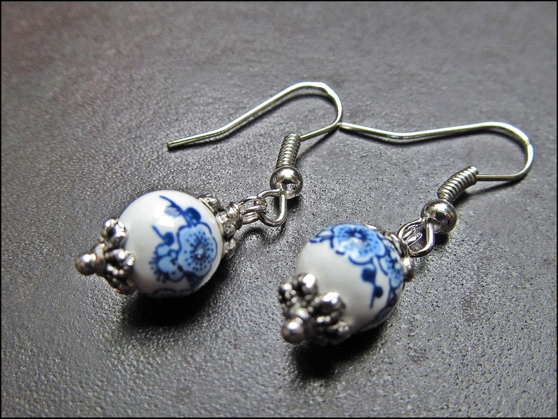 Genuine porcelain earrings hand-painted with pink or blue flowers image 5