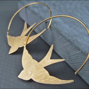 Fancy swallow hoops real 925 silver earrings gold-plated hoops