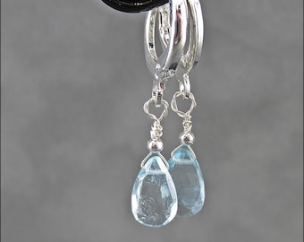 Wonderful real aquamarine 925 silver earrings, flat teardrops