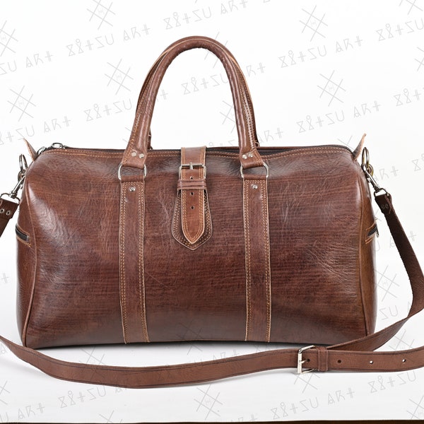 Moroccan Handmade Leather Duffle Bag Vacation Holidays Travel Bag Carry on Baggage, Brown Men's Bag