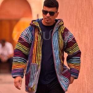 Handmade Moroccan Wool Jacket – Colorful Striped Hoodie with Pockets | Unisex Boho Hippie Festival Coat