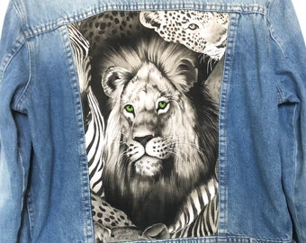 denim jacket with lion on back