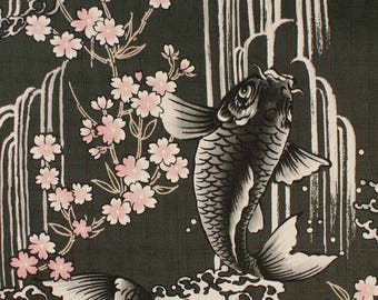 Japanese fabric by the half yard, koi carp fabric, cherry tree blossom fabric, black fabric