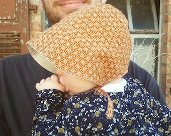 Handmade baby bonnet, japanese pattern, asanoha, mustard, brown, baby hat, baby gift, sunbonnet, newborn hat, newborn gift, japanese baby
