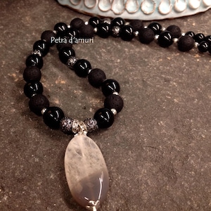 Sicilian Necklace with Lava Stone and Pendant, Sicilian necklace, handmade necklace, ceramic necklace with hard stones, necklace with pendants