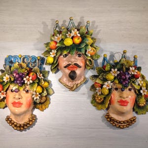 Sicilian Moorish Head Masks, Sicilian handcrafted heads, Sicilian Moorish heads Caltagirone, Sicilian ceramics, flower and fruit heads