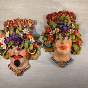 Sicilian Moorish Head Masks, Sicilian handcrafted heads, Sicilian Moorish heads Caltagirone, Sicilian ceramics, flower and fruit heads