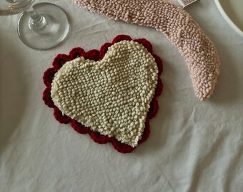 Lacey Heart Coaster | Tufted and Crochet Coaster Valentines/Galentines Day Gift
