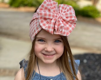 Rose Gingham messy bow head wrap, messy bow headband, messy bow, mini messy bow, messy bow head wrap, messy head wrap, gingham messy bow