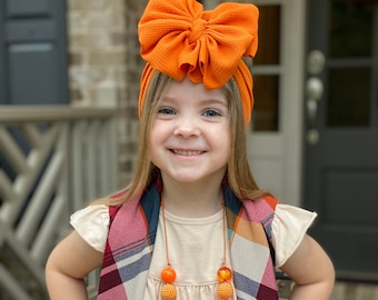 Sweet Potato messy bow head wrap, messy bow headband, messy bow, mini messy bow, fall bows, head wrap, orange head wrap, big bows