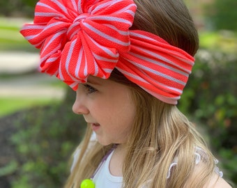 Neon Coral Stripes messy bow head wrap, messy bow headband, messy bow, mini messy bow, messy bow head wrap, messy head wrap, neon messy bow