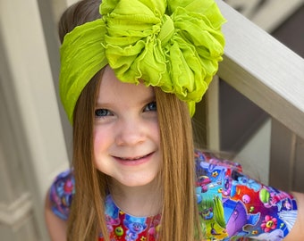 Lime ruffle messy bow head wrap, messy bow headband, messy bow, mini messy bow, messy bow head wrap, messy head wrap, lime messy bow