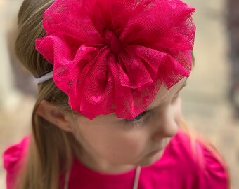 tulle messy bow messy bow headband Hot Pink Hearts mini messy bow messy bow headband baby headband