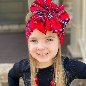 Festive Plaid messy bow head wrap, messy bow headband, messy bow, mini messy bow, messy bow head wrap, messy head wrap, plaid messy bow