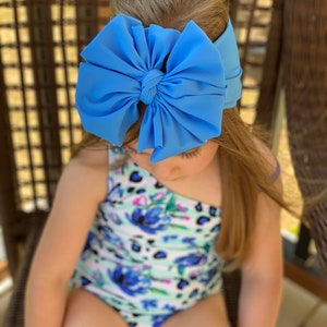 Deep Sky Blue swim messy bows, swim messy bows, swim bows, messy headband, messy bow head wrap, baby headband, swim messy bow