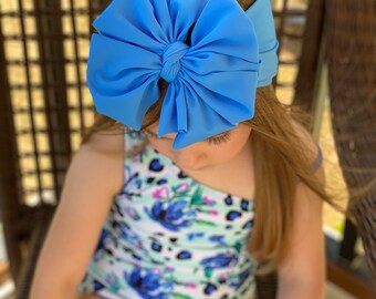 Deep Sky Blue swim messy bows, swim messy bows, swim bows, messy headband, messy bow head wrap, baby headband, swim messy bow