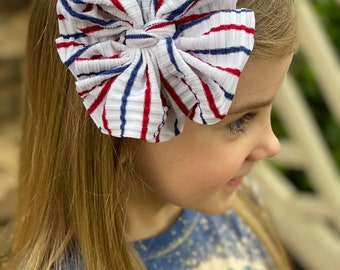 Old Glory mini rörig rosett, rörigt pannband med rosett, ribbstickad rörig rosett, rörigt pannband med rosett, babypannband, patriotisk rosett, 4 juli